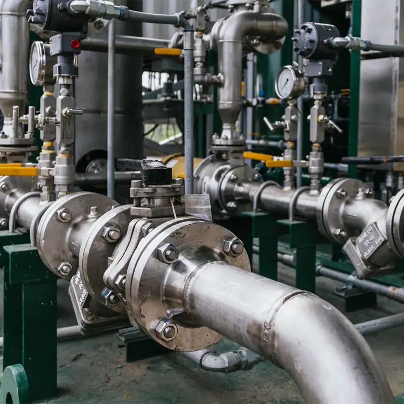 Tubulações, válvulas e manômetros utilizados em instalações industriais