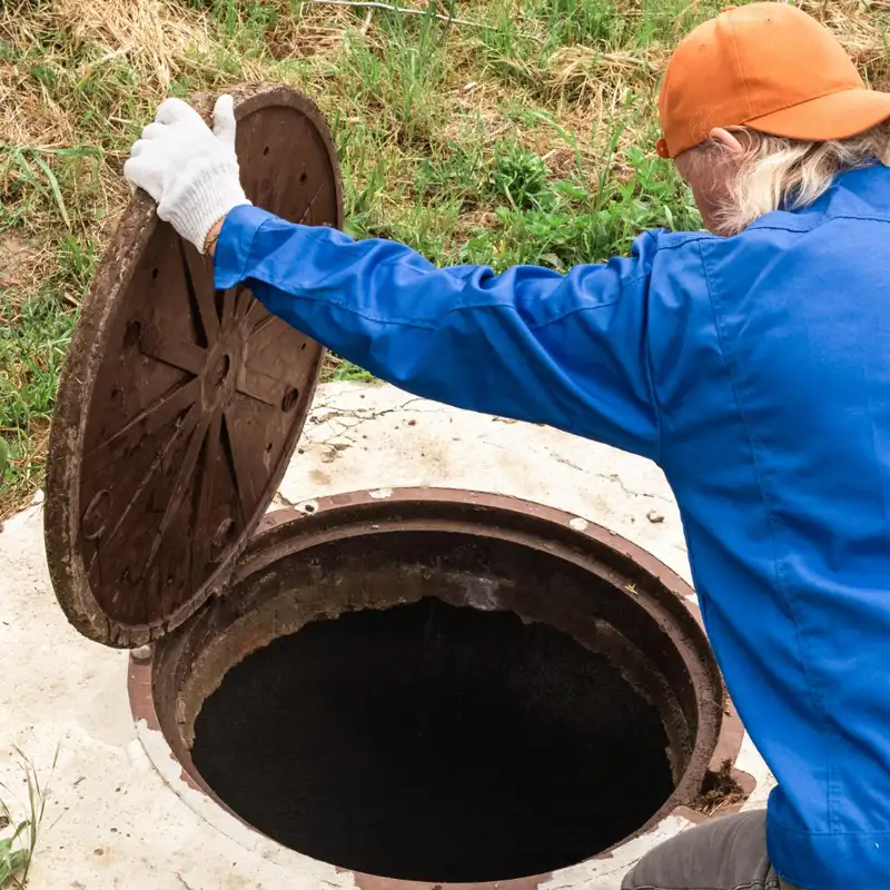 Profissional abrindo a tampa de uma fossa para realizar o serviço de limpa fossa em Fazenda Rio Grande.